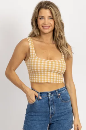 TAN   IVORY CHECKED KNIT CROP TANK