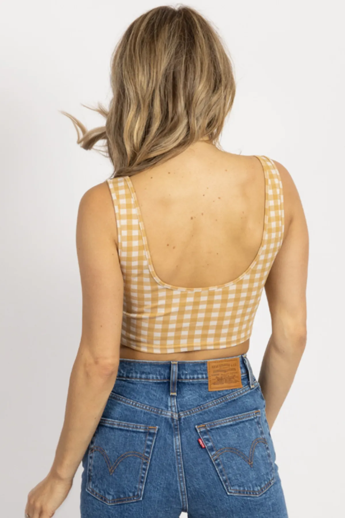 TAN   IVORY CHECKED KNIT CROP TANK