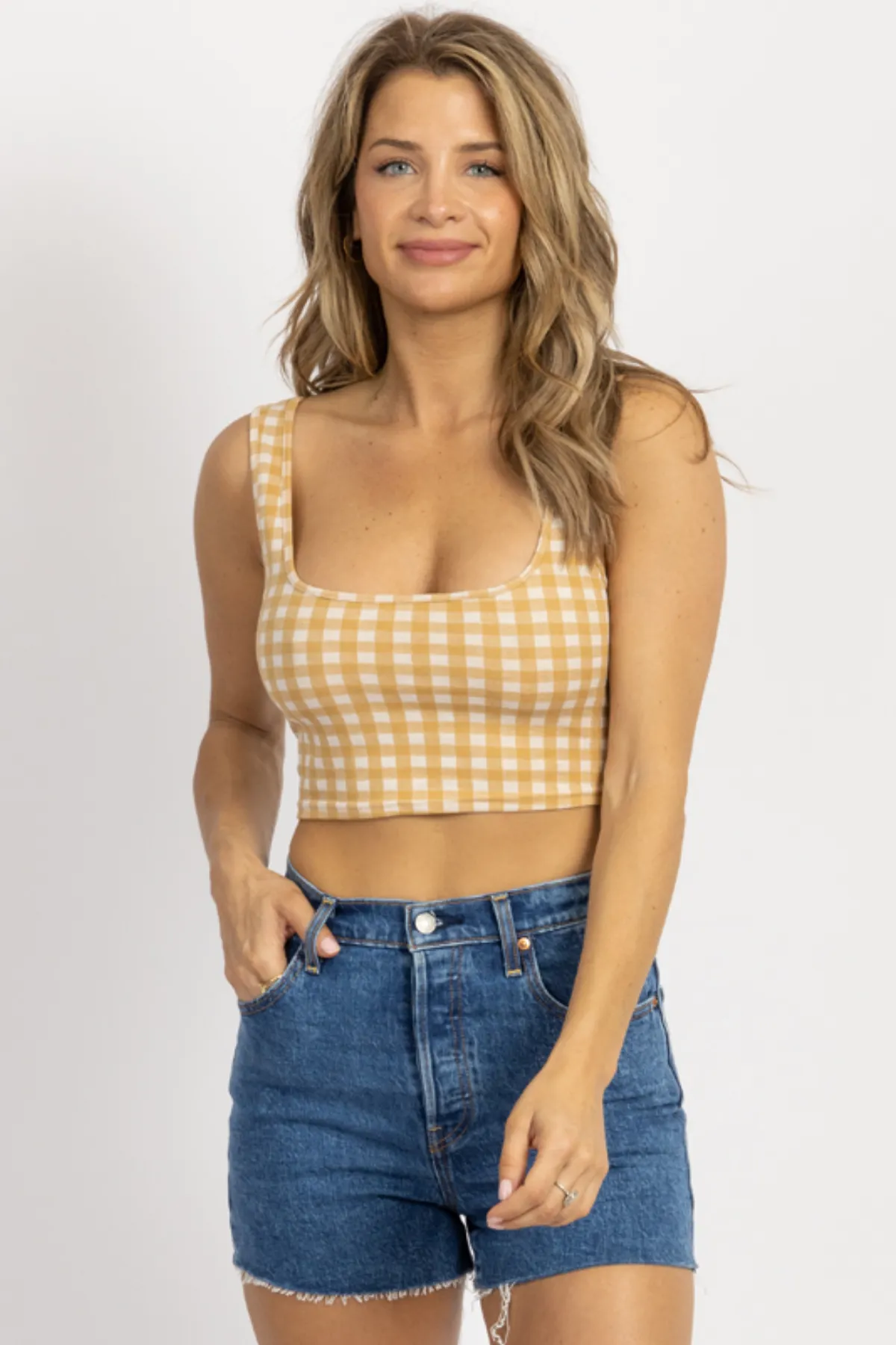 TAN   IVORY CHECKED KNIT CROP TANK