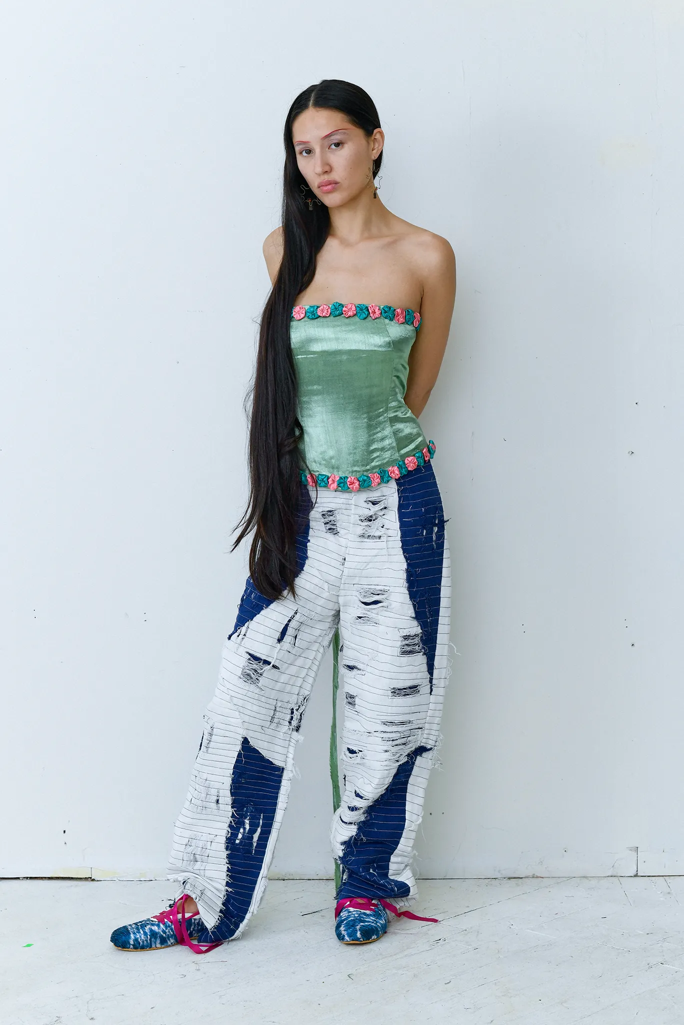 Tigra Tigra - Corset Boning Top Scrunch Flowers - Green/Pink