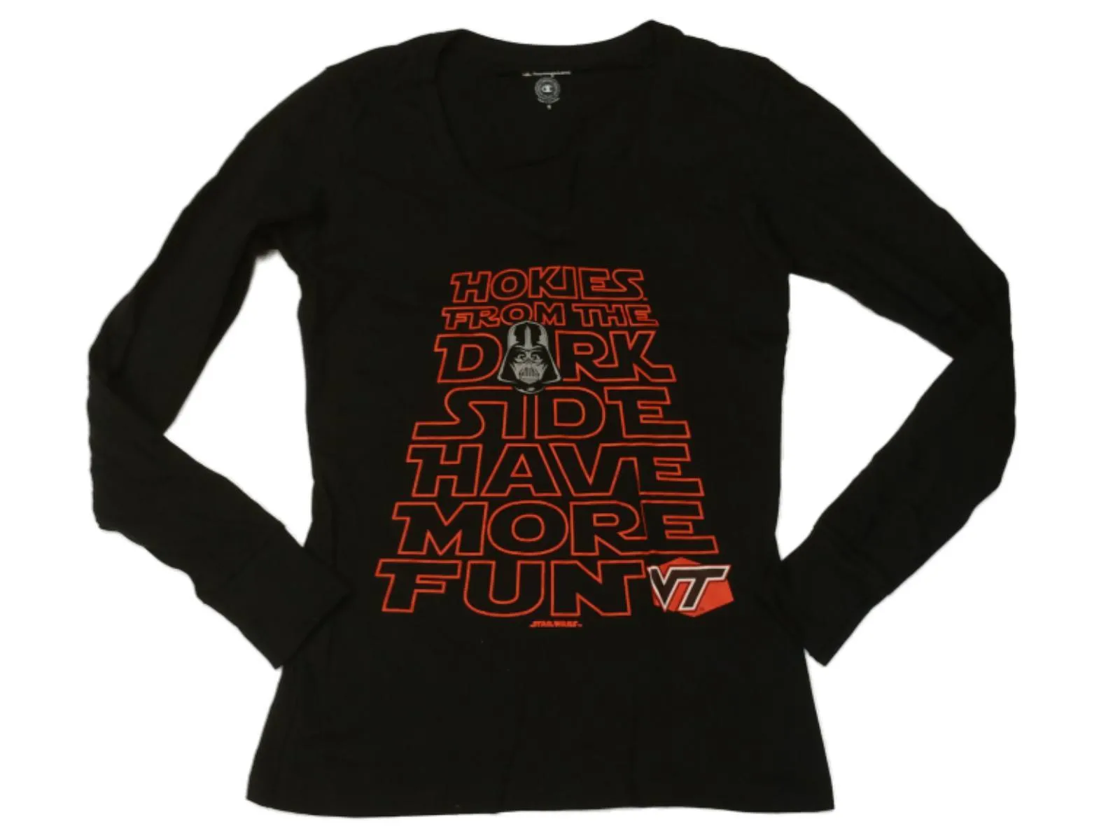 Virginia Tech Hokies WOMENS Black Darth Vader "Dark Side" LS V-Neck T-Shirt (S)