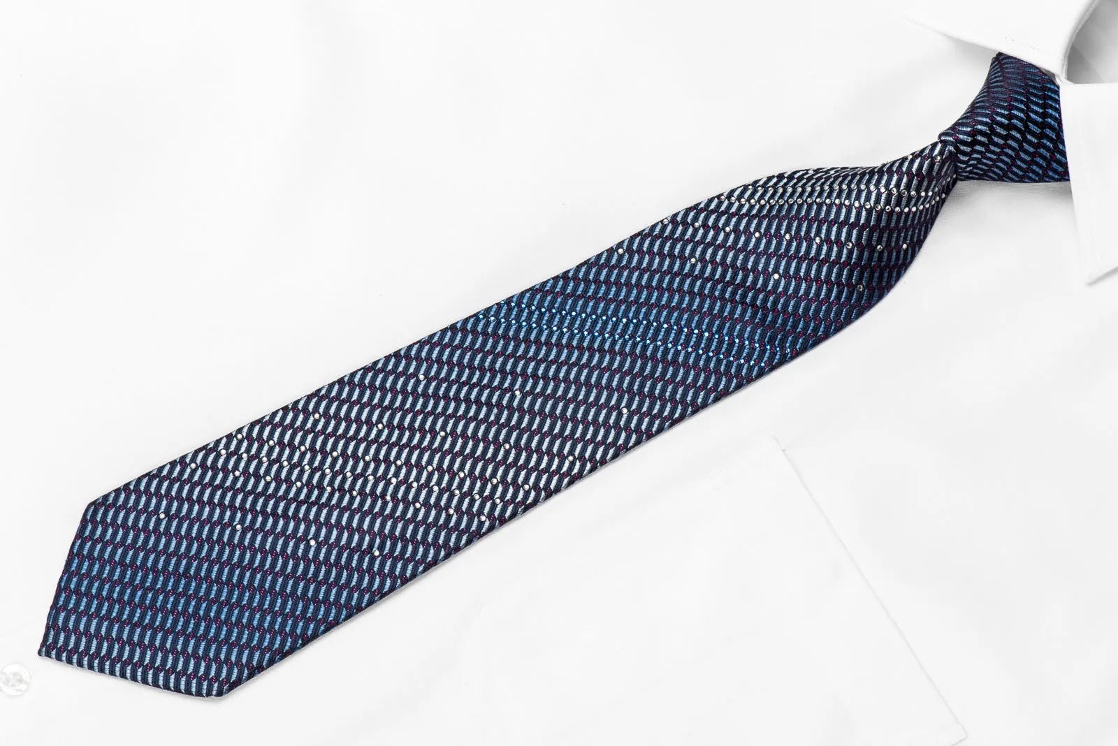 Vito Rufolo Men's Crystal Silk Tie Geometric On Blue With Purple Sparkles