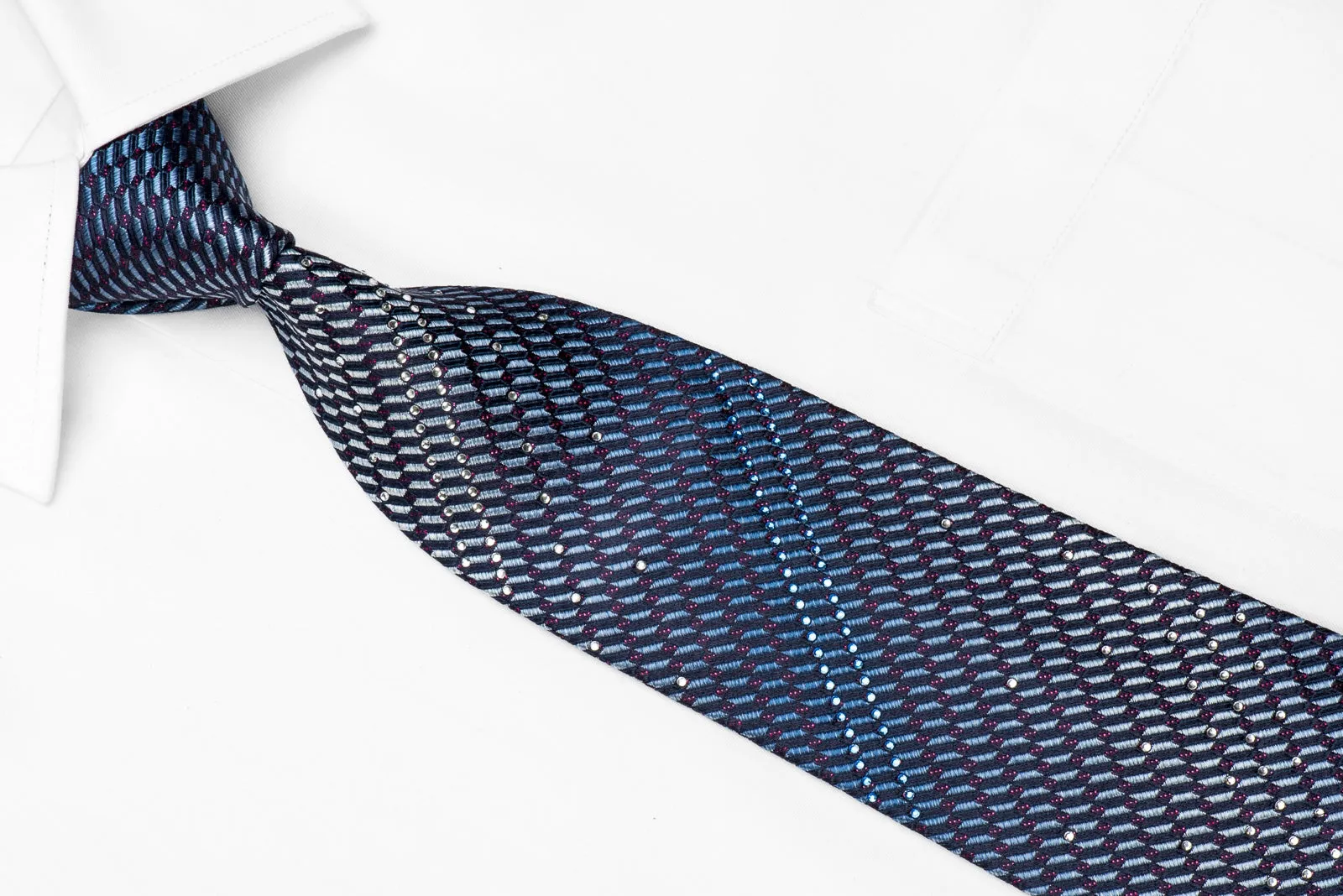 Vito Rufolo Men's Crystal Silk Tie Geometric On Blue With Purple Sparkles