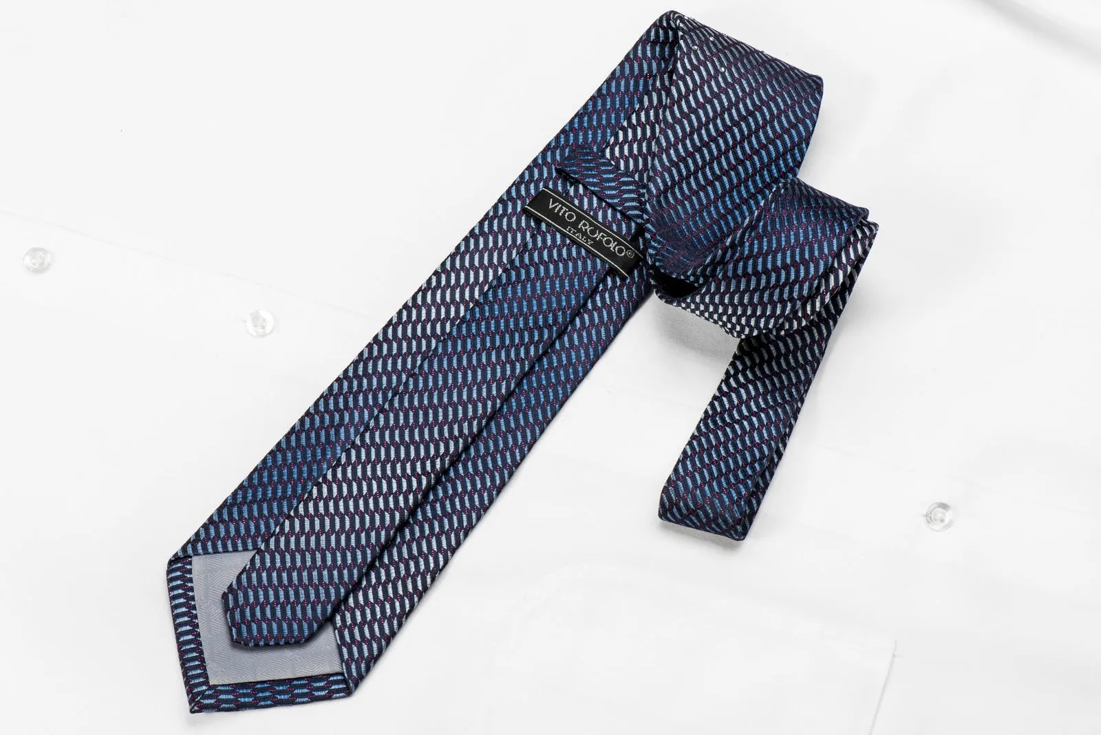 Vito Rufolo Men's Crystal Silk Tie Geometric On Blue With Purple Sparkles