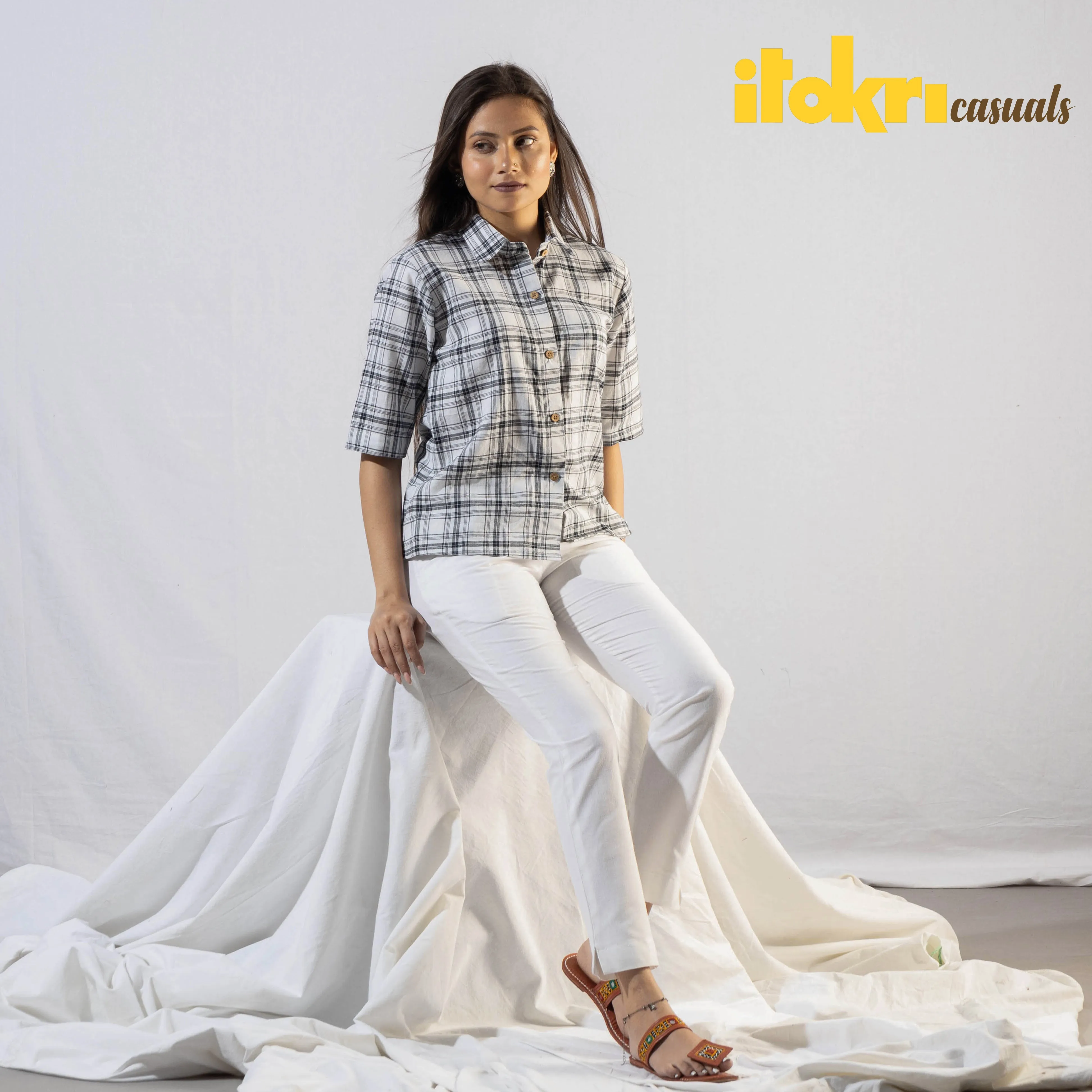 White & Black - Handloom Checks Cotton Crop Shirt