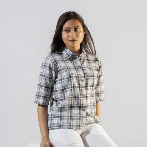 White & Black - Handloom Checks Cotton Crop Shirt