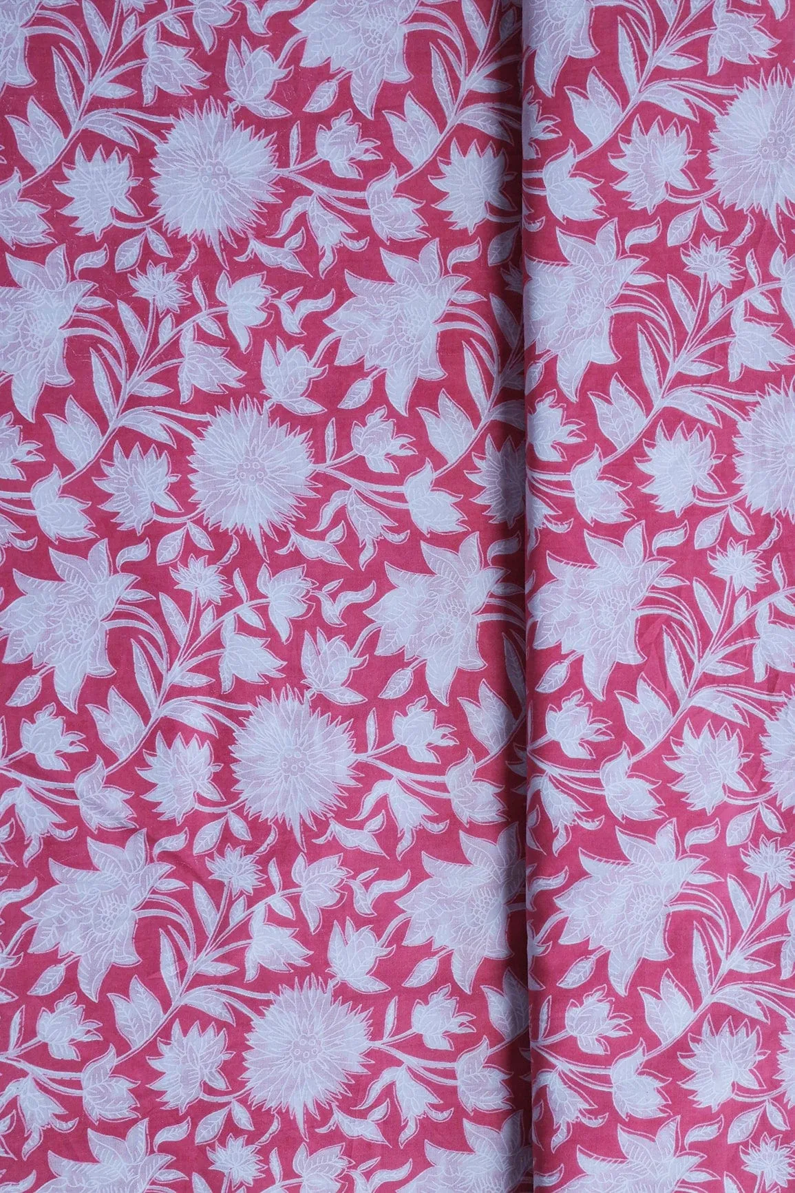 White Floral Print On Creamy Pink Pure Cotton Fabric