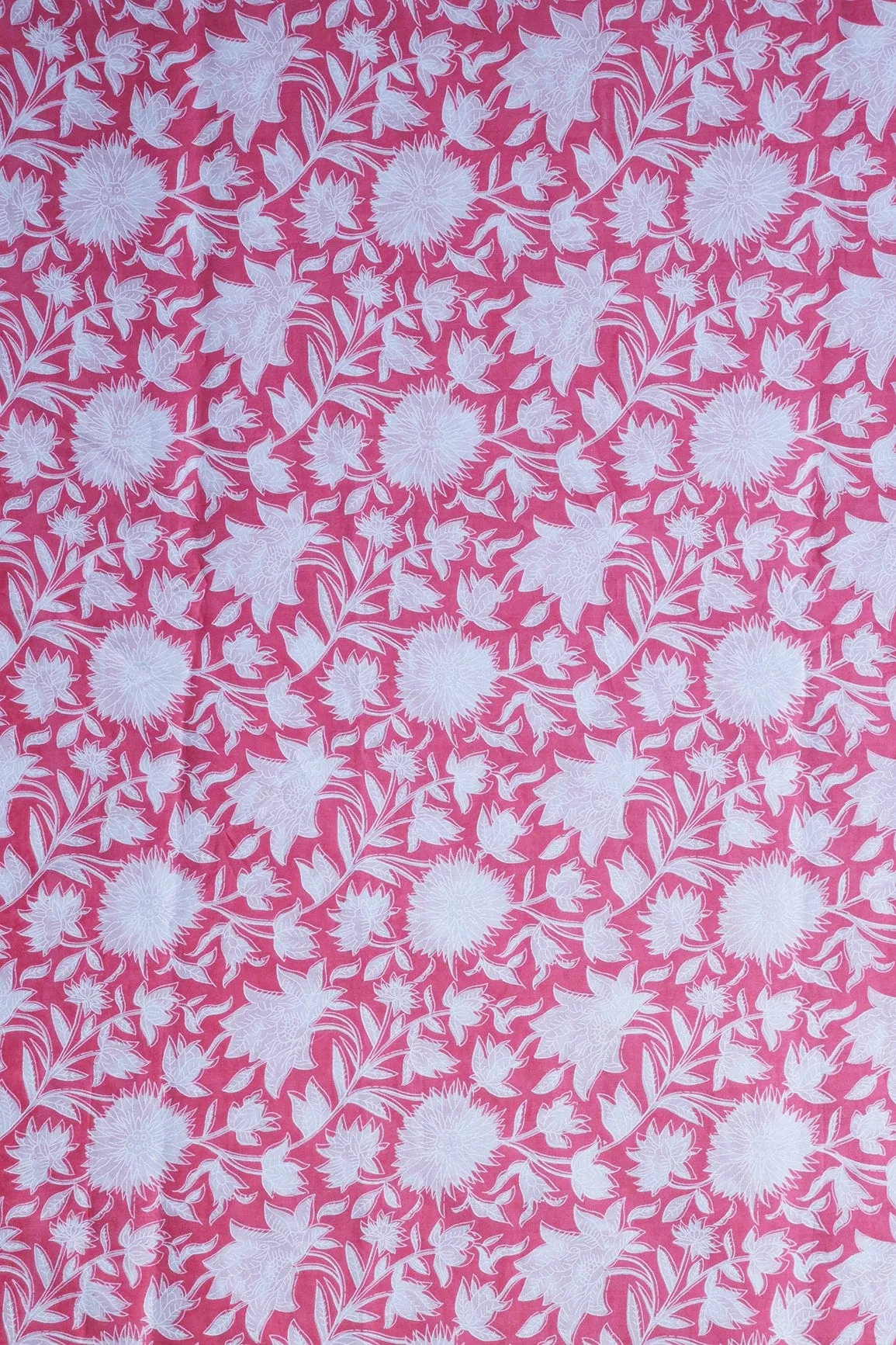 White Floral Print On Creamy Pink Pure Cotton Fabric