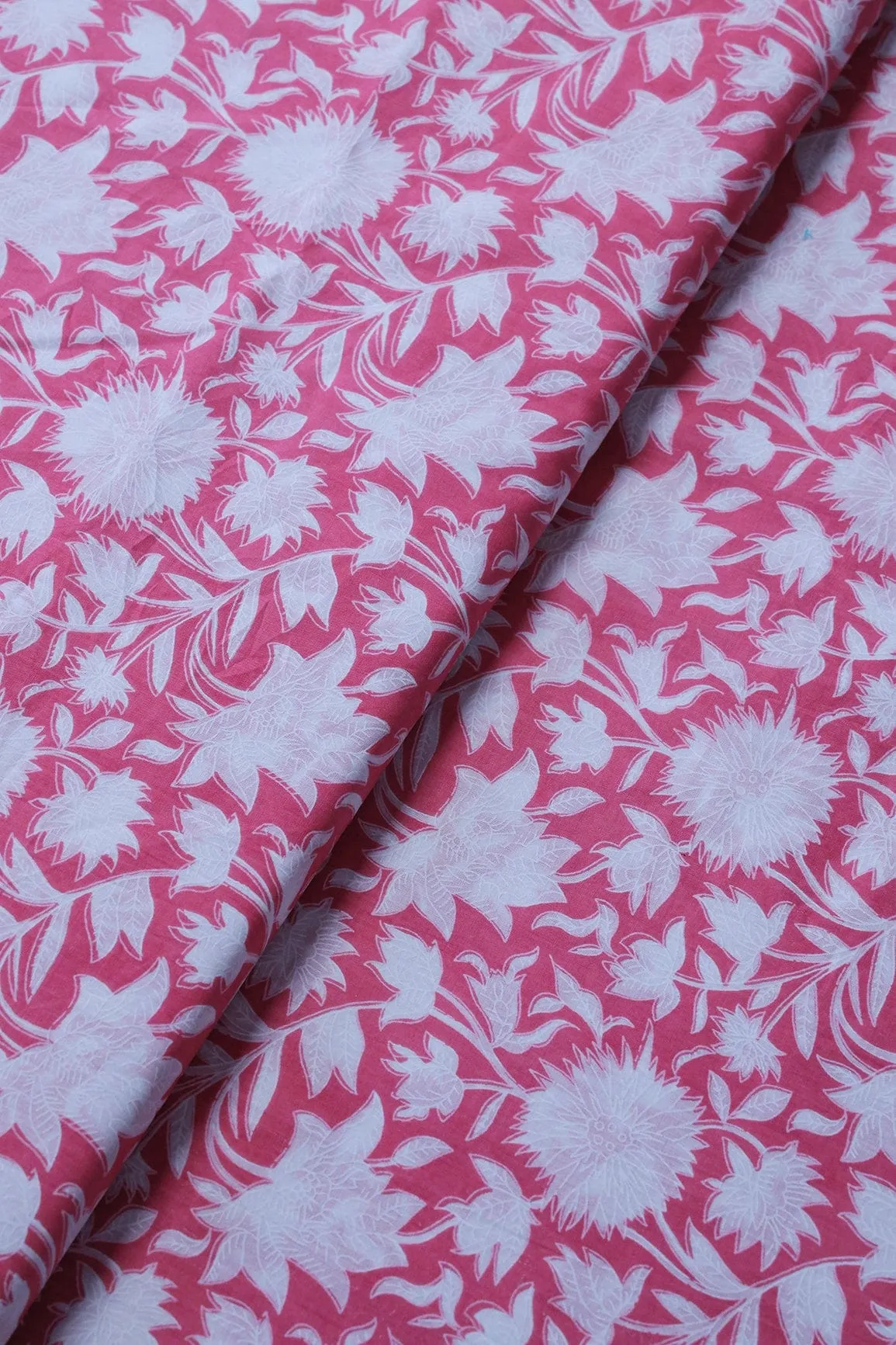 White Floral Print On Creamy Pink Pure Cotton Fabric