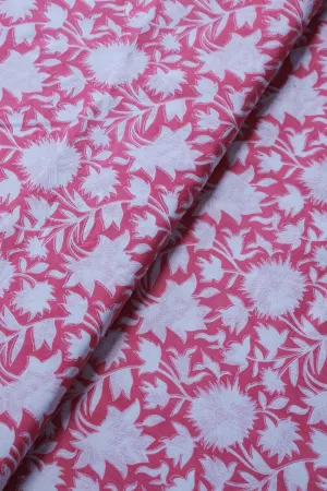 White Floral Print On Creamy Pink Pure Cotton Fabric