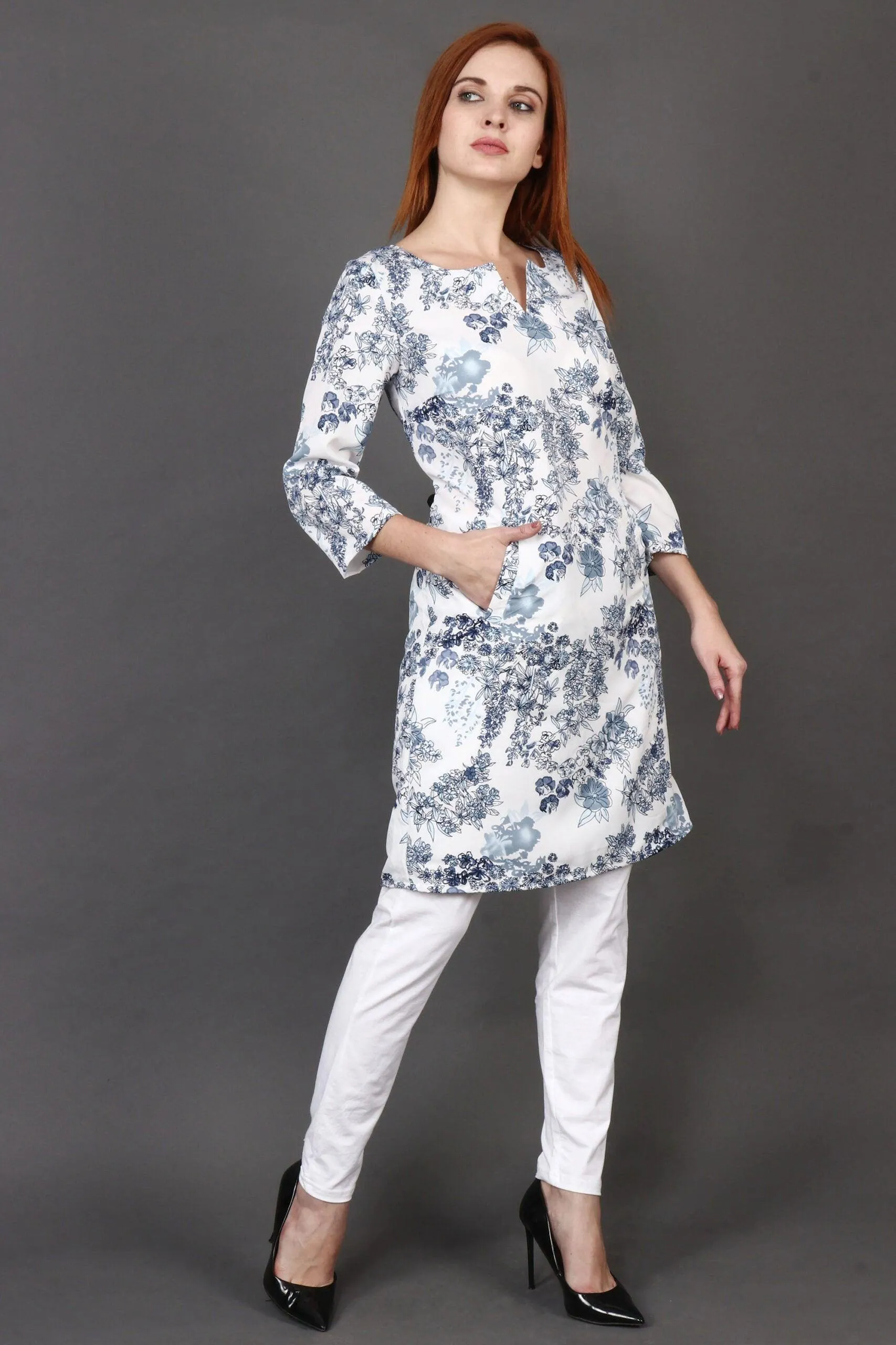 White Floral Printed Kurti