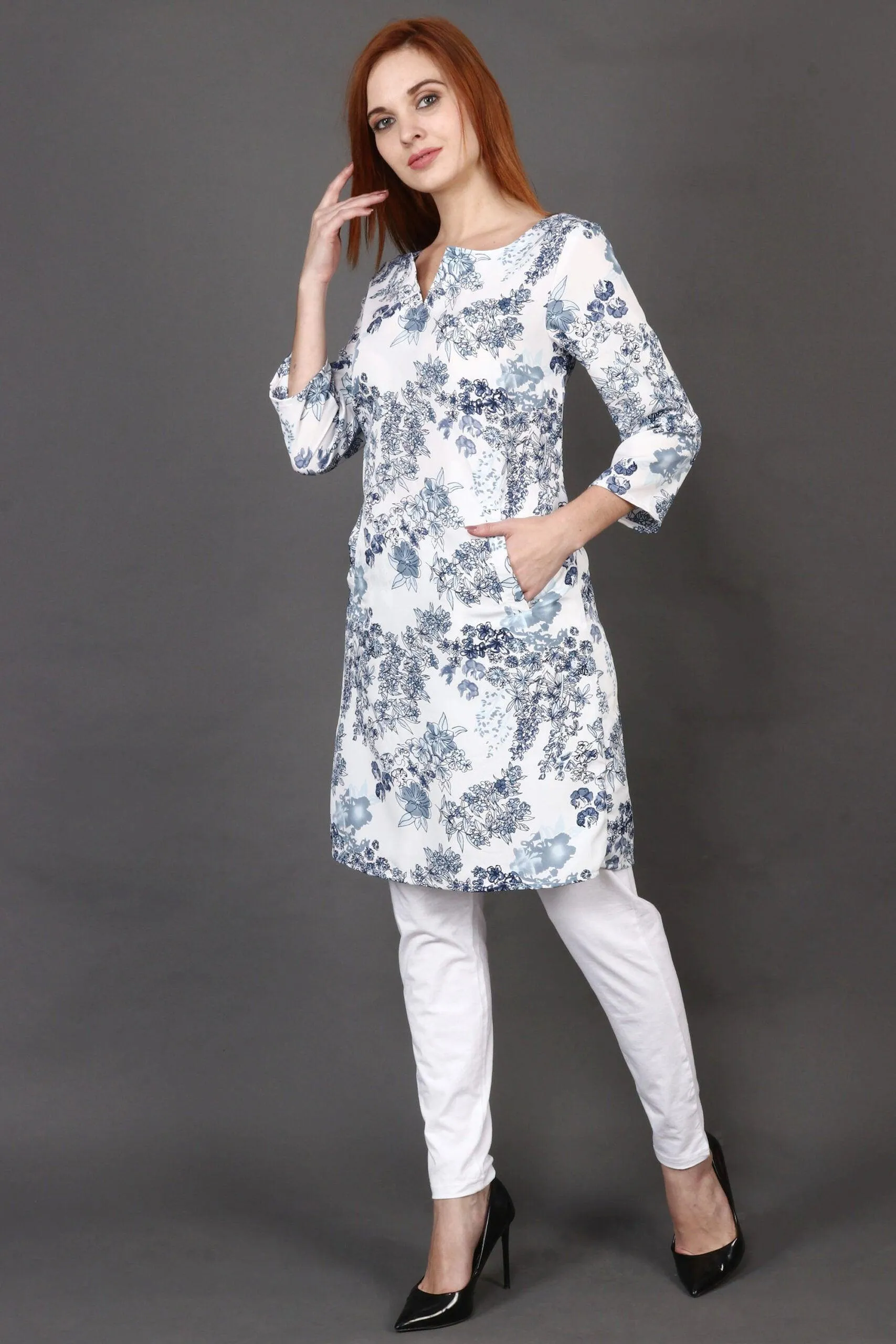 White Floral Printed Kurti