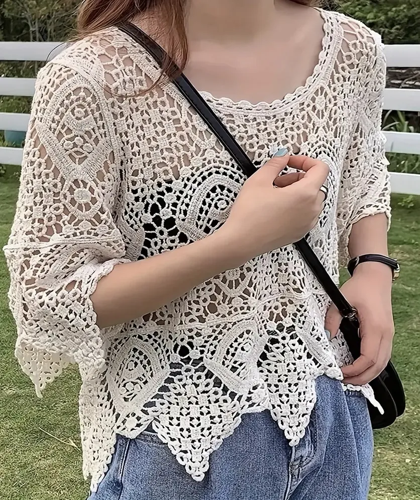 Women's Crochet Tops Laced Pullover Boho Half Sleeve Crop Top Hollow Out