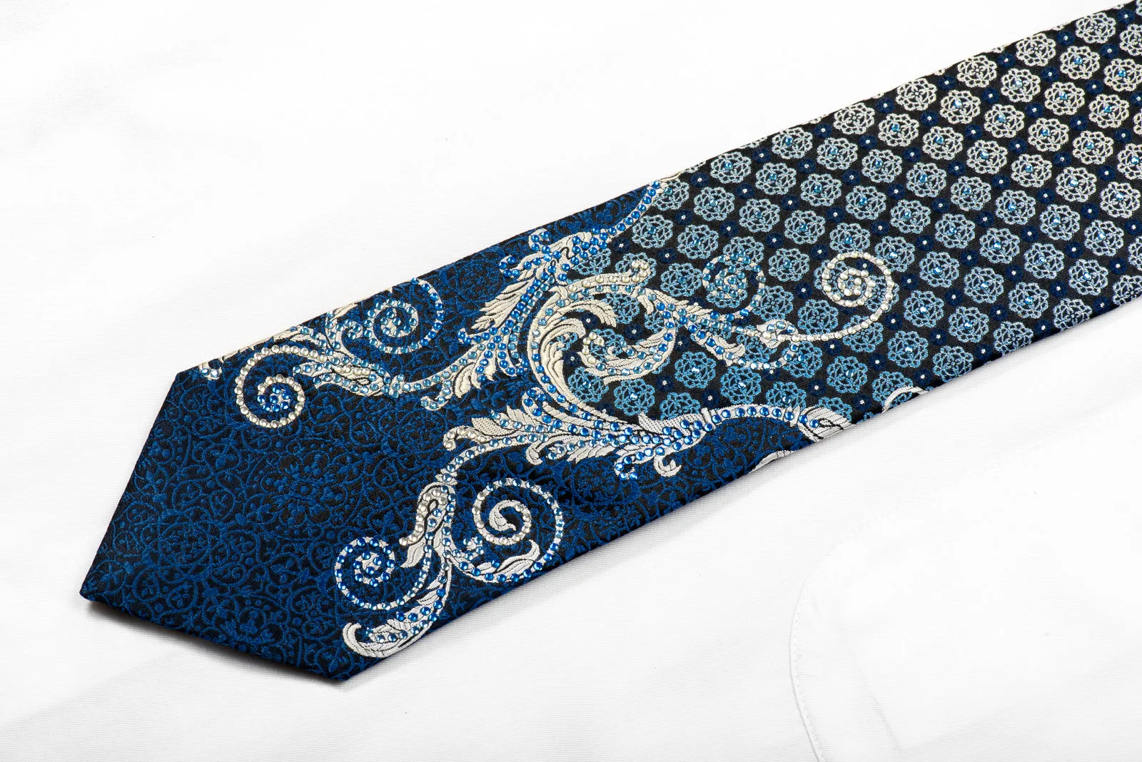 Yezak Rhinestone Silk Necktie Silver Scrolls Blue Cartouche On Black With Sparkles
