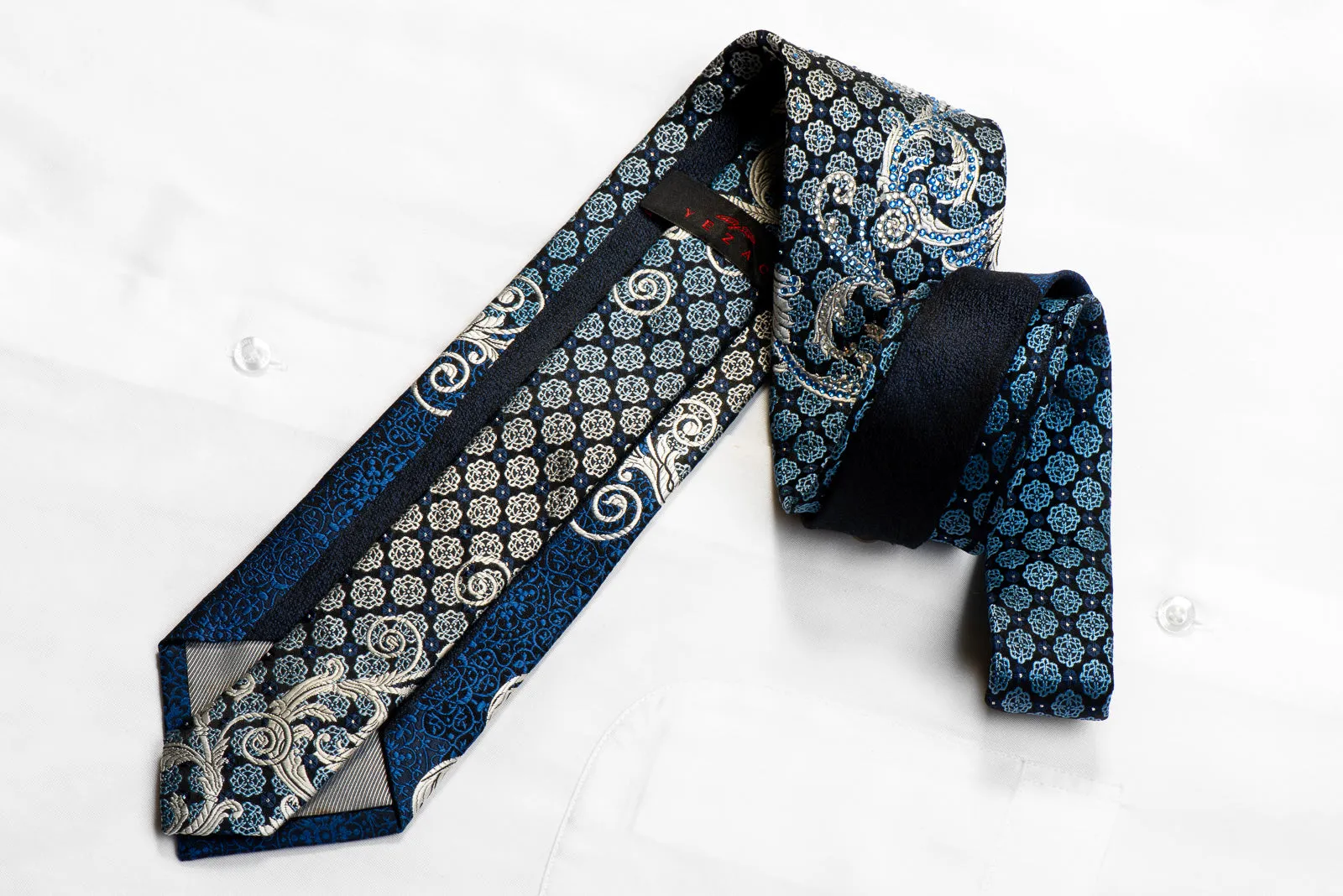 Yezak Rhinestone Silk Necktie Silver Scrolls Blue Cartouche On Black With Sparkles