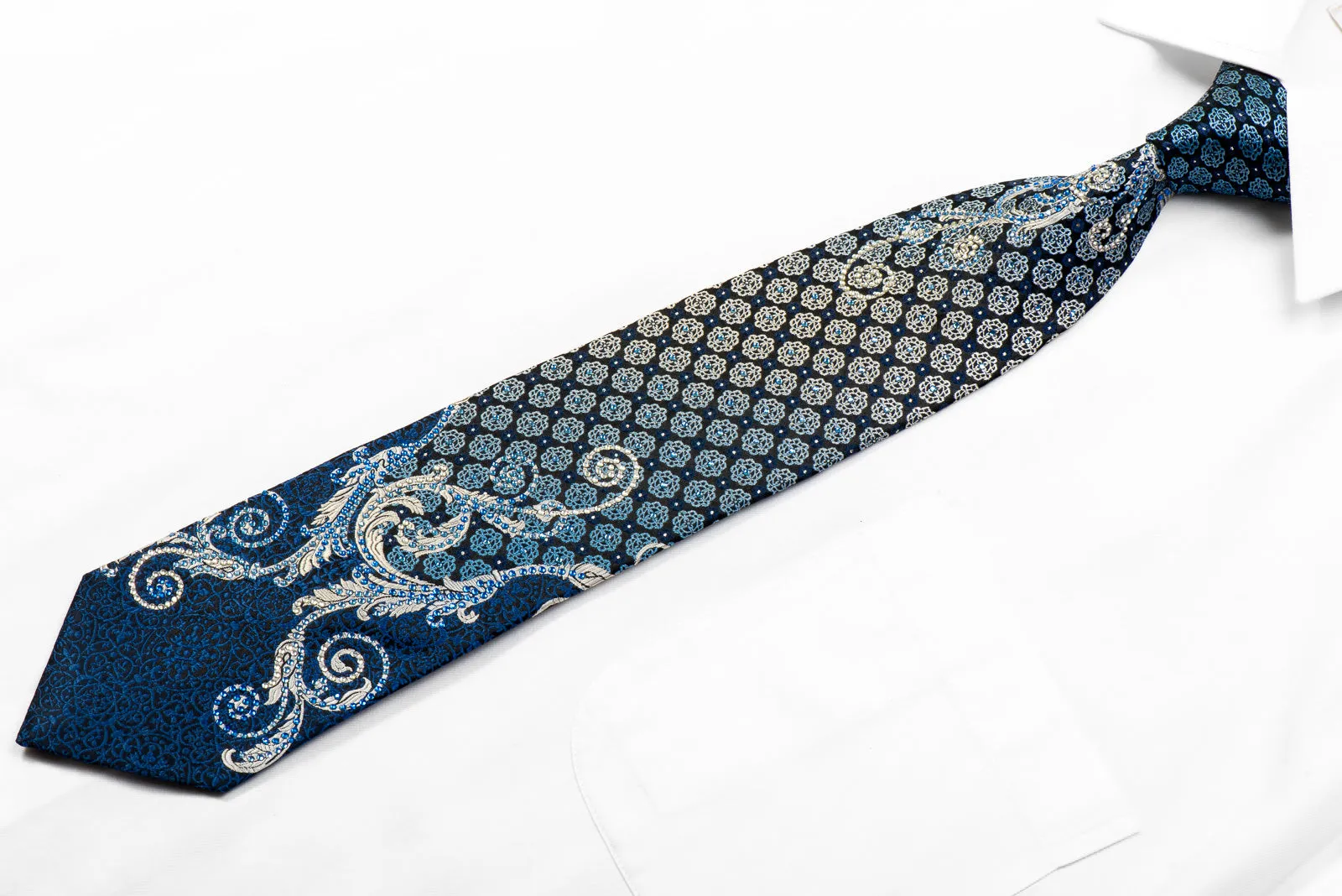 Yezak Rhinestone Silk Necktie Silver Scrolls Blue Cartouche On Black With Sparkles